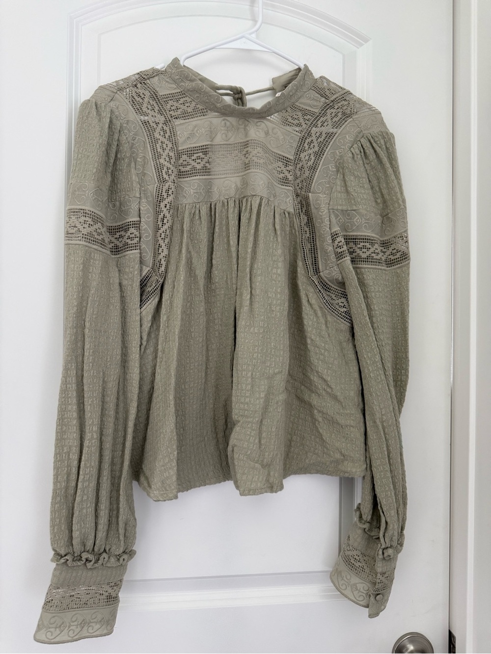 Free People Olive Lace-Yoke Puff Sleeve Blouse